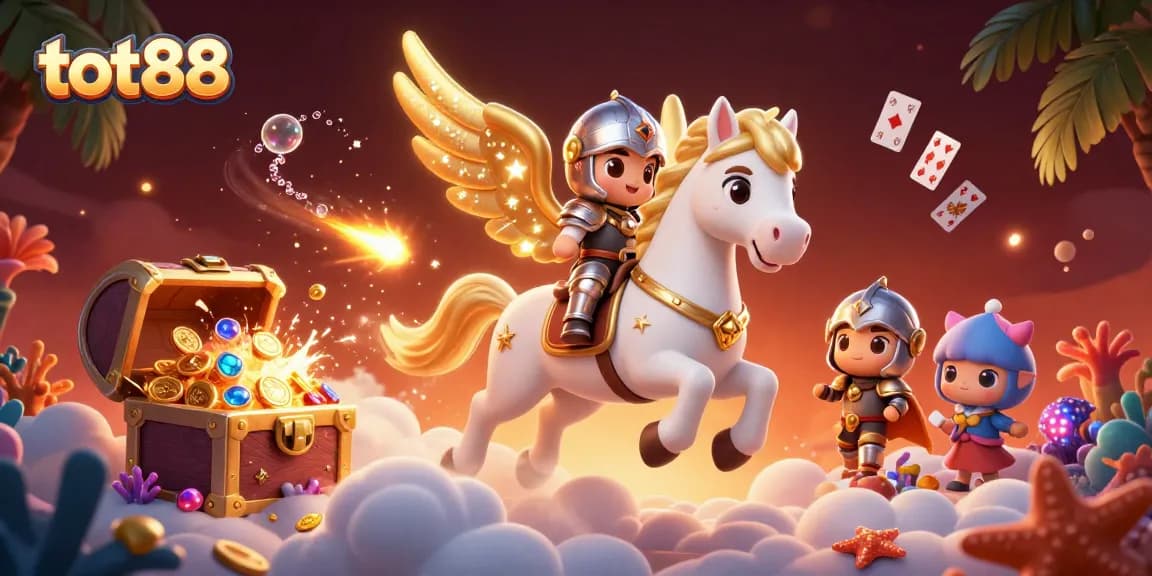 Experience the thrill of tot88 with this vibrant 3D casino adventure illustration featuring a celestial horse.
