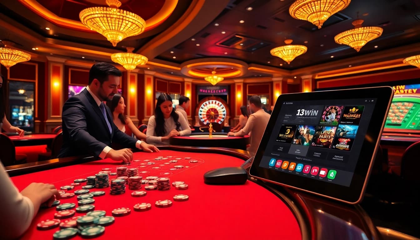 Players engaging in thrilling casino games at 13win with vibrant tables and lively atmosphere.