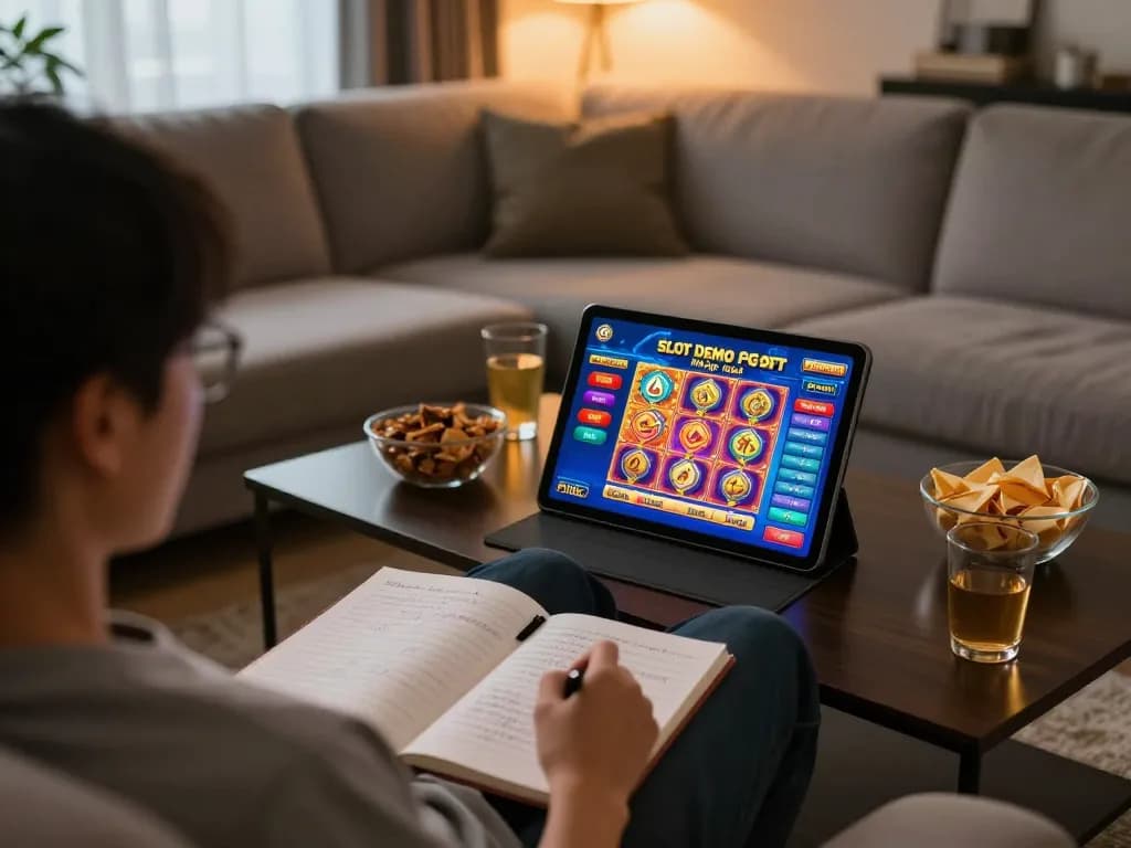 Permainan yang menarik dari Slot Demo PG Soft Mirip Asli di tablet dalam suasana rumah yang nyaman, menyoroti catatan strategi dan kudapan