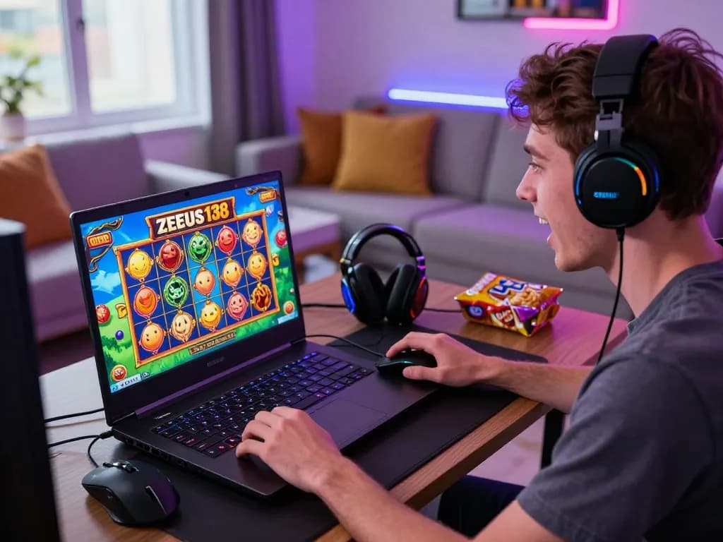 Young adult experiencing thrilling gameplay on Zeus138 online slot games with vibrant graphics and cozy gaming setup
