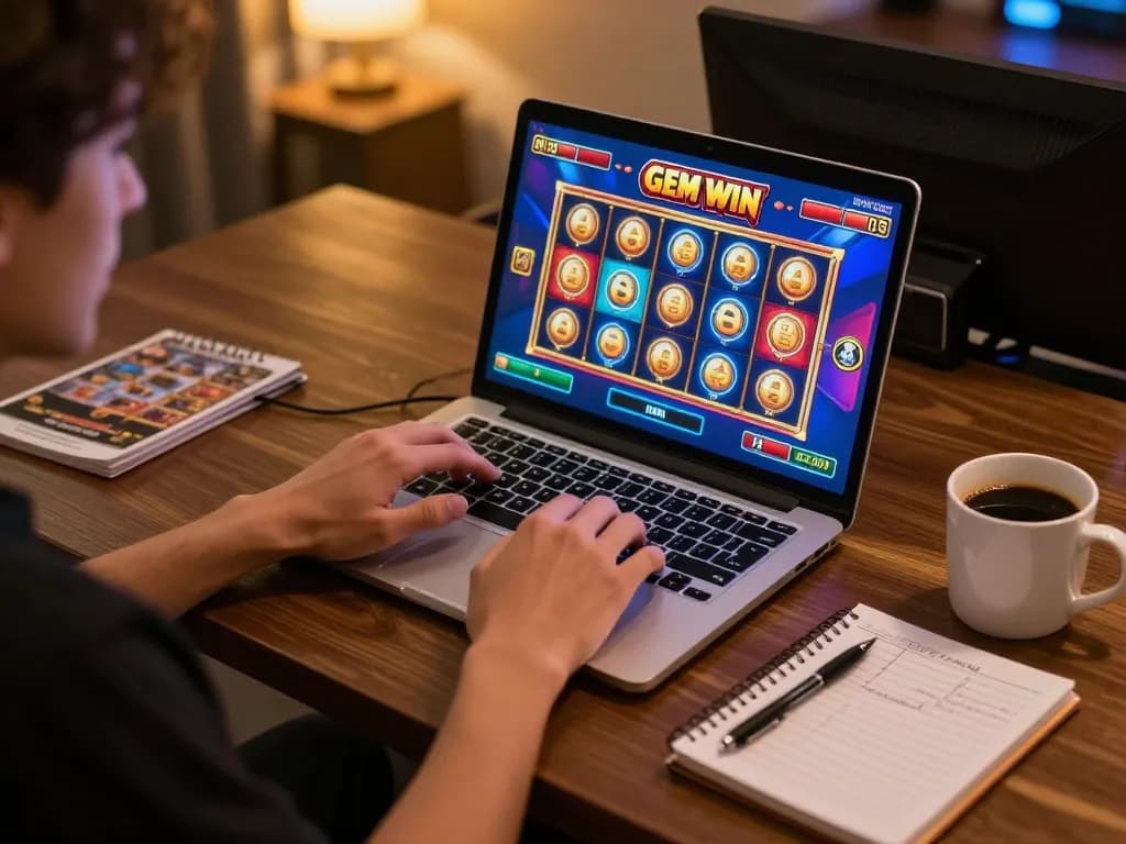 Engaging gameplay at GEM WIN casino, showcasing a vibrant online slot experience on a laptop.