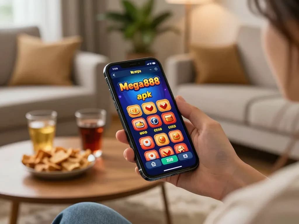 Mega888 apk displayed on a smartphone in a cozy home setting for online gaming action.