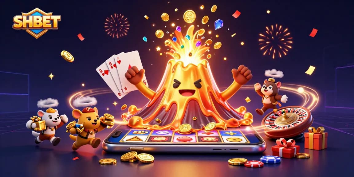 SHBET showcases a thrilling 3D illustration of a triumphant volcano erupting coins, gems, and animated gaming elements.