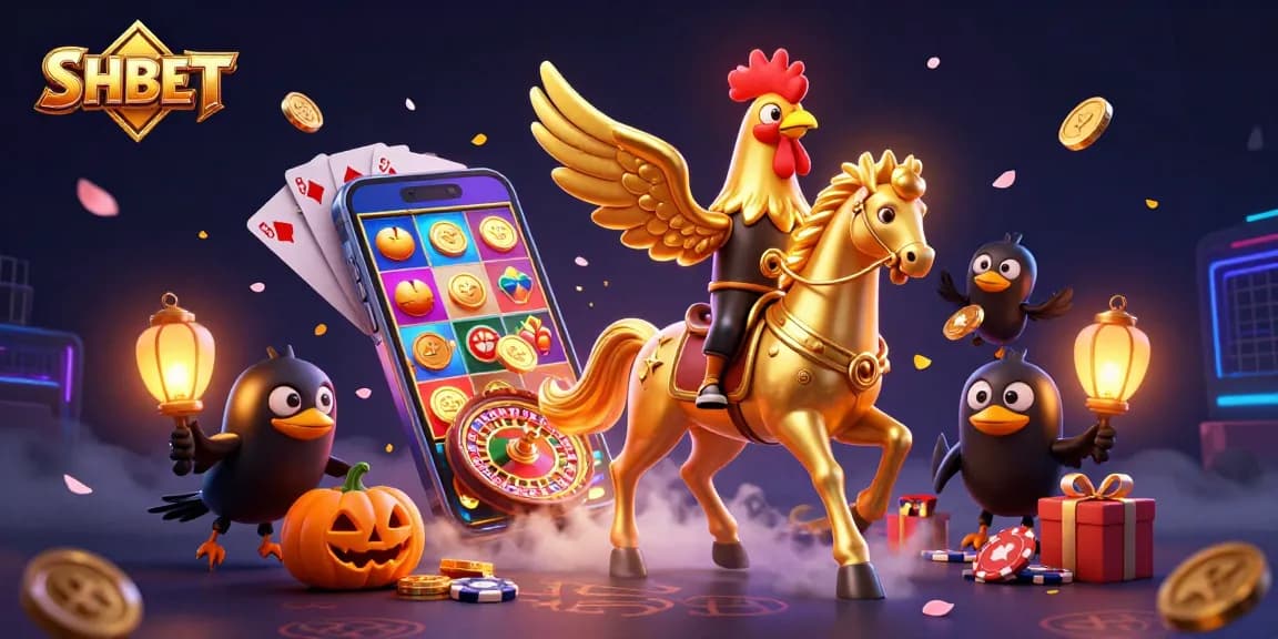 Engage with SHBET's exciting casino games featuring golden rooster and enchanting companions in a vibrant atmosphere.