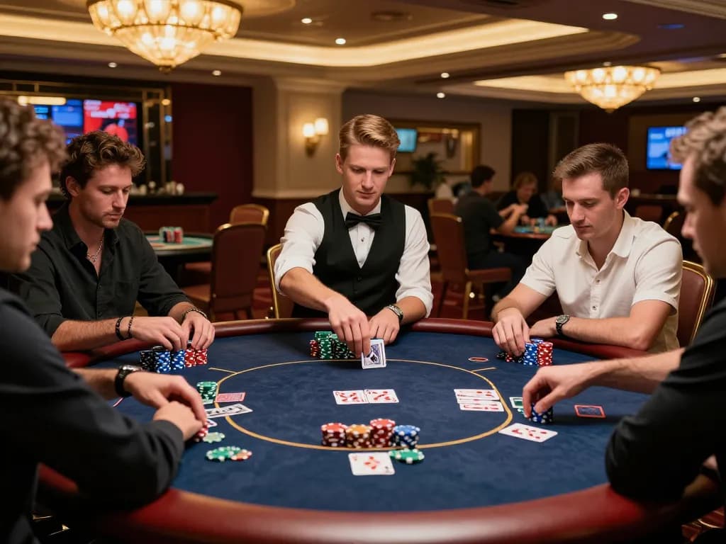 Engaged players strategizing in an upscale poker game at a casino, enhancing insights on VK88.