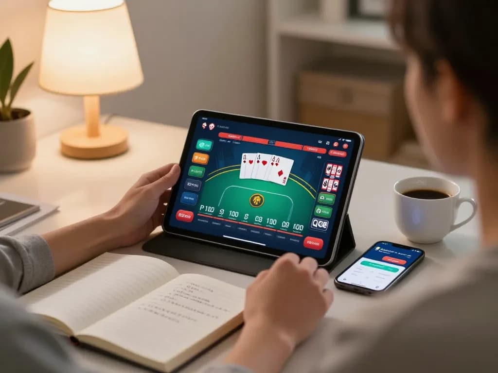 Player enjoying online gaming at uu88 on tablet in cozy room, emphasizing strategy.
