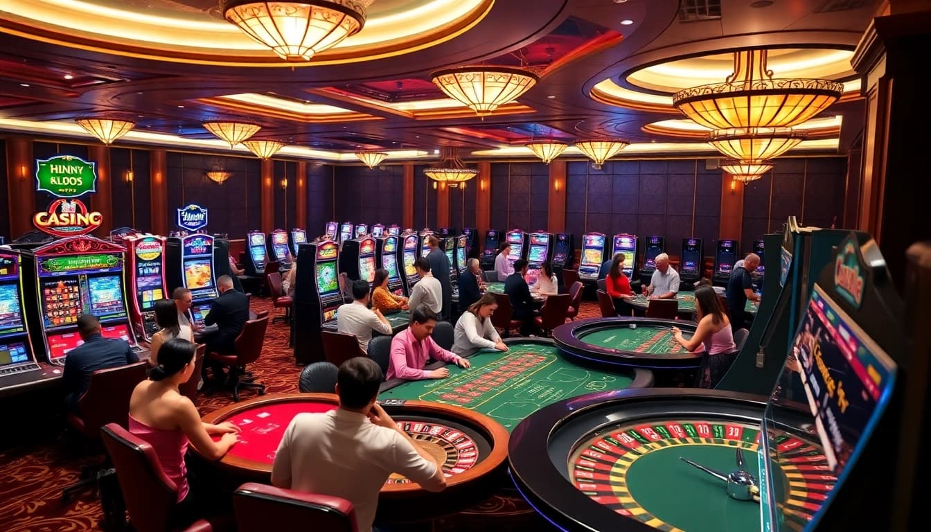 Experience the excitement of King88 casino gaming with players at vibrant tables and slot machines.