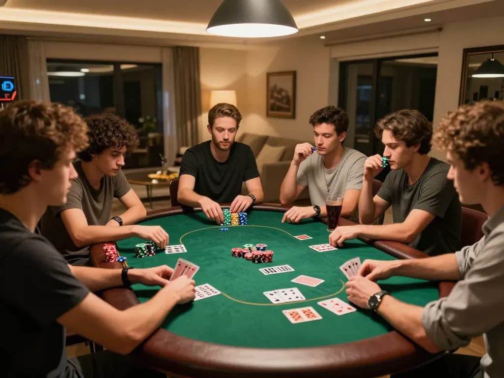 Friends enjoying a poker night at home with tg88 betting strategies in play, creating a lively atmosphere.