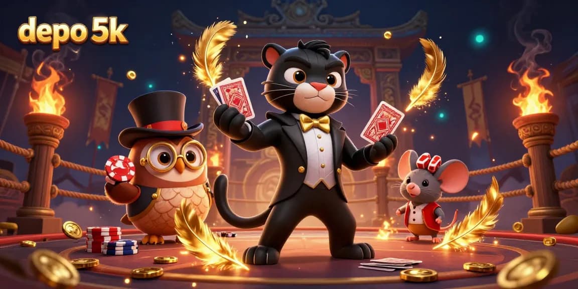 Deal cards in style with depo 5k at a vibrant casino, featuring dynamic characters and rich elements.