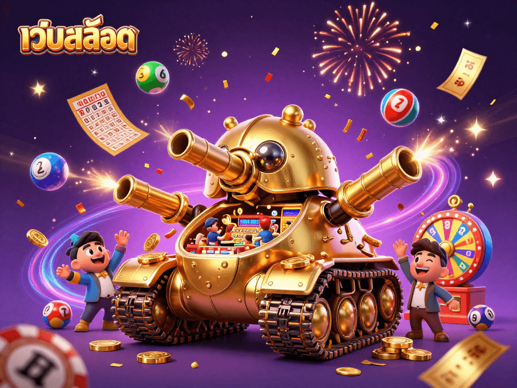 Experience the exciting world of เว็บสล็อต with vibrant scenes of a miniature casino and lottery elements.