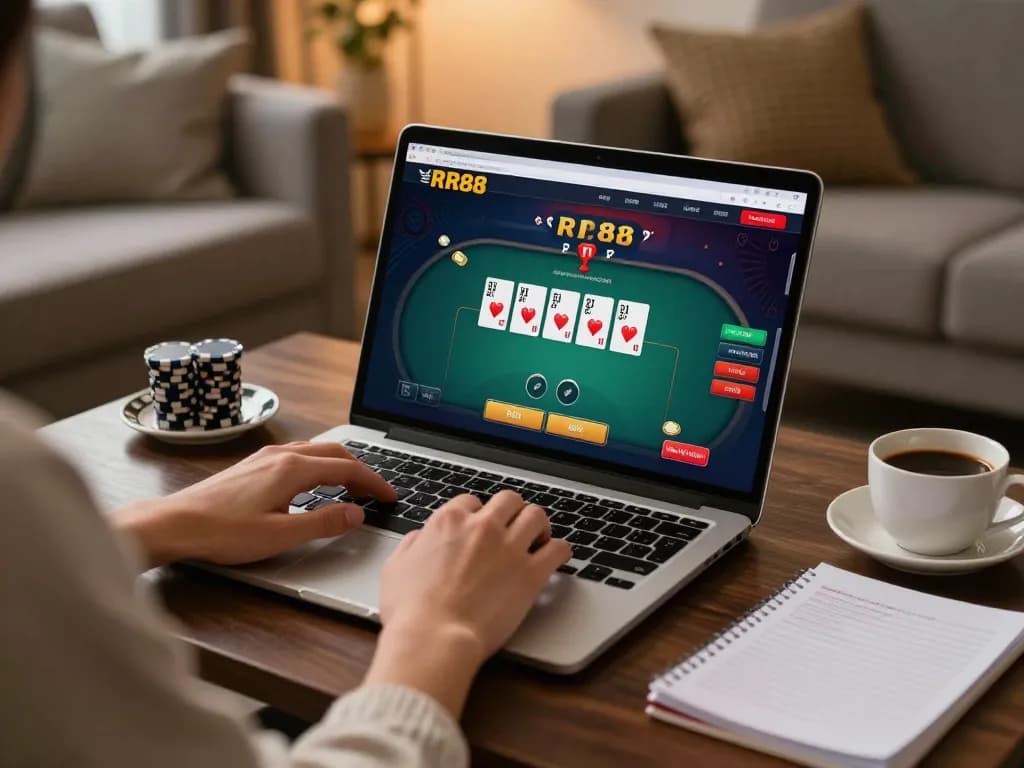 Player engaging with poker on RR88 while enjoying a cozy home gaming environment