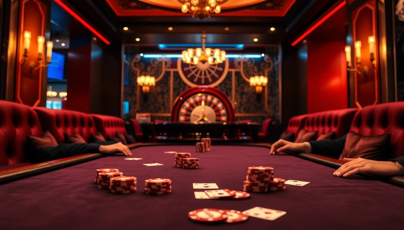 KONG88 poker players strategizing at a luxurious casino table, showcasing chips and cards.