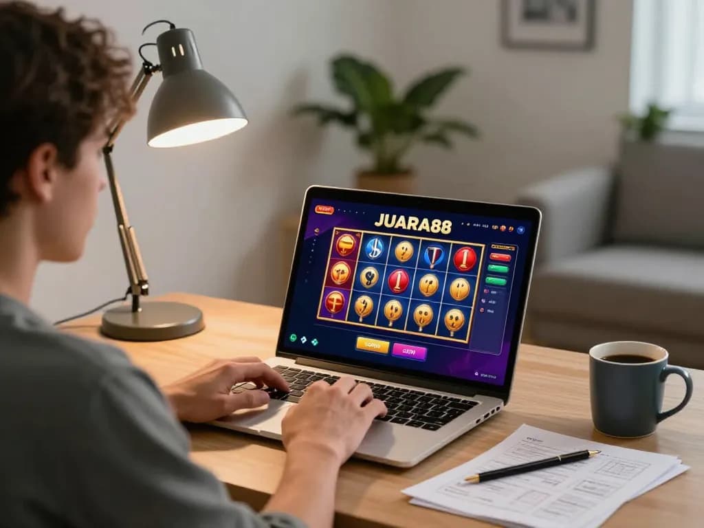 Engaging in JUARA88 LOGIN at a stylish home office, showing online casino action.