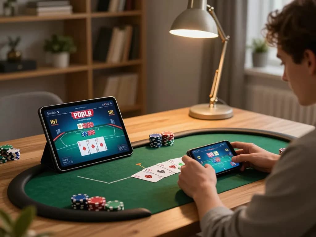 Engaged player enjoying rikvip online poker game at home with tablet and smartphone