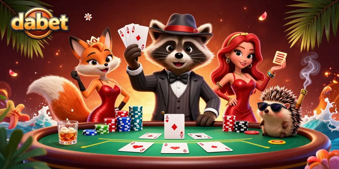 Dabet's poker scene showcases a raccoon and fox in a lively casino atmosphere.