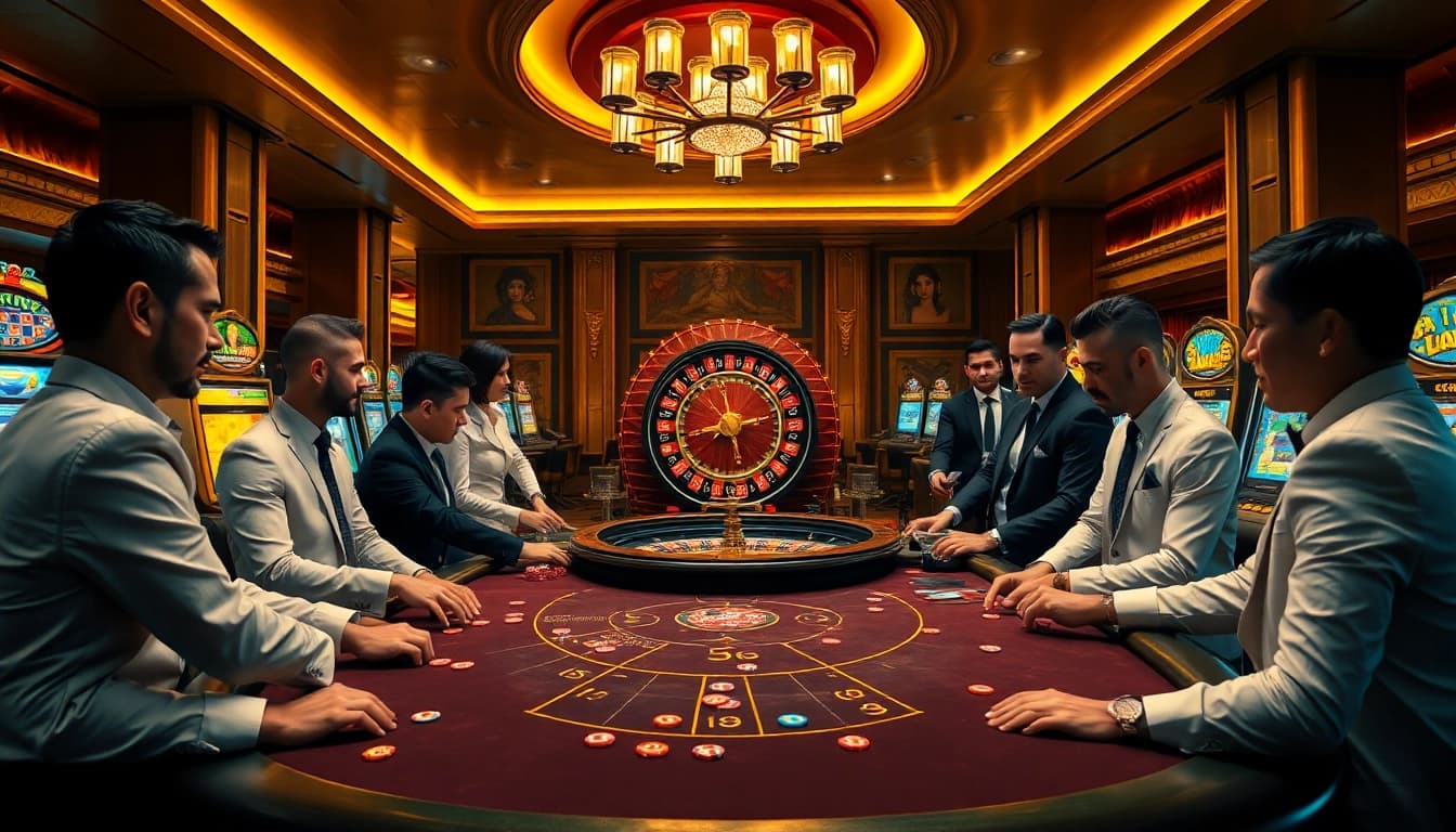 Engaging gambling scene showcasing keonhacai5 with poker chips, roulette wheel, and enthusiastic gamblers.