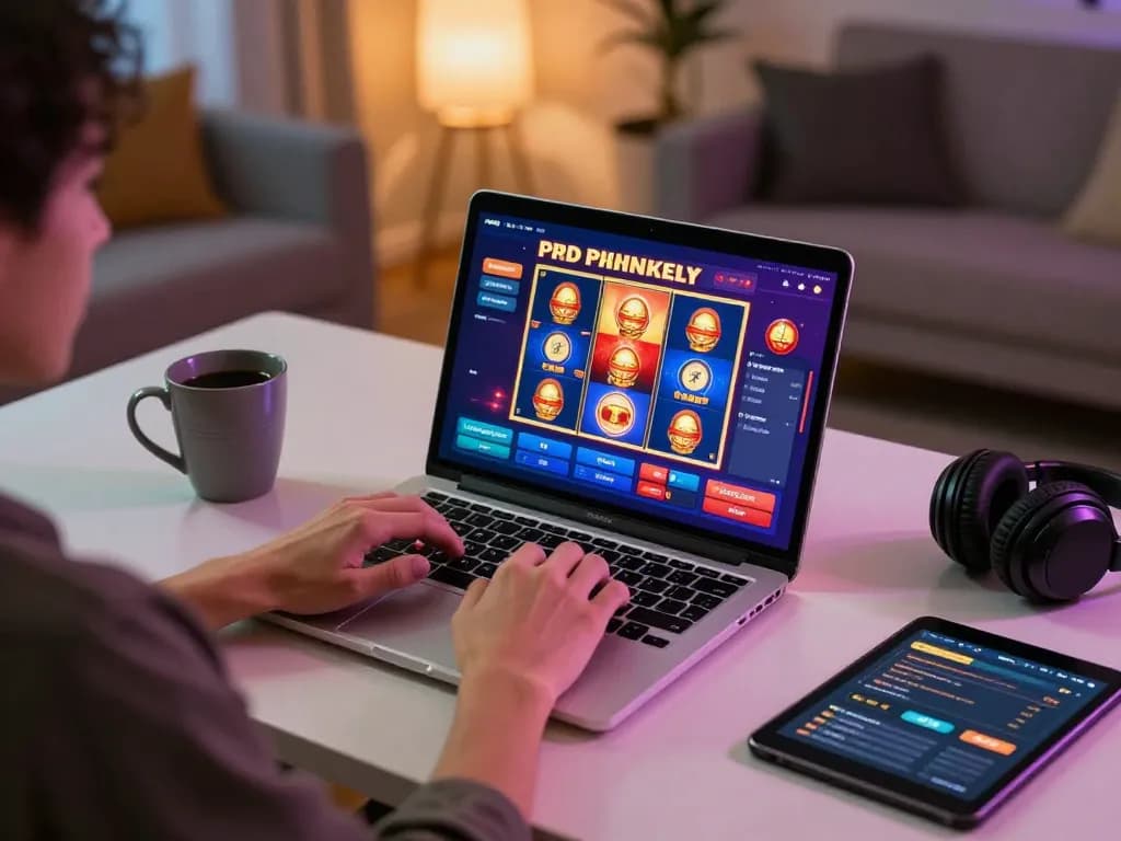 Enjoying slot pulsa gameplay on a cozy desk setup with a glowing laptop and gaming strategy notes