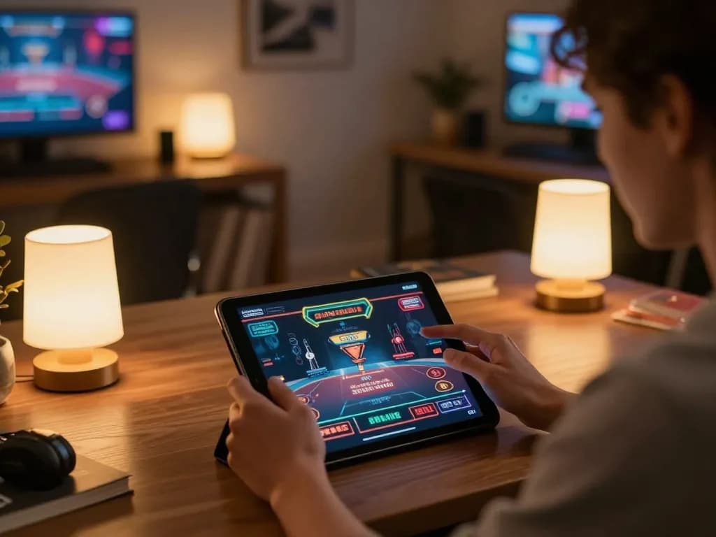 Player enjoying a dynamic online gaming session at God55 with a tablet in cozy home setting.