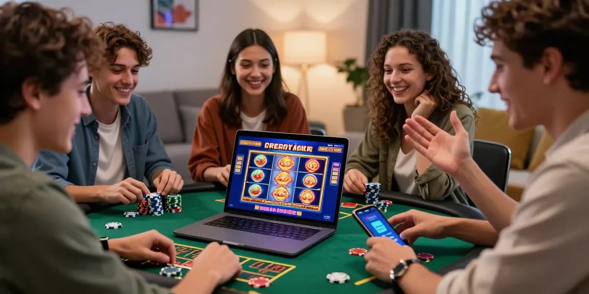 Excited friends enjoying credit card casinos in a lively home setting.