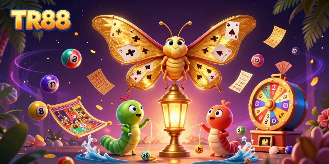 Win big at TR88 with vibrant casino scenes featuring a magical atlas moth and colorful lottery elements.