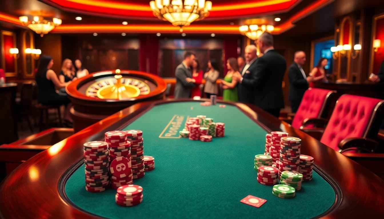 KP88 blackjack table and poker chips in a luxurious casino setting showcasing exciting gameplay