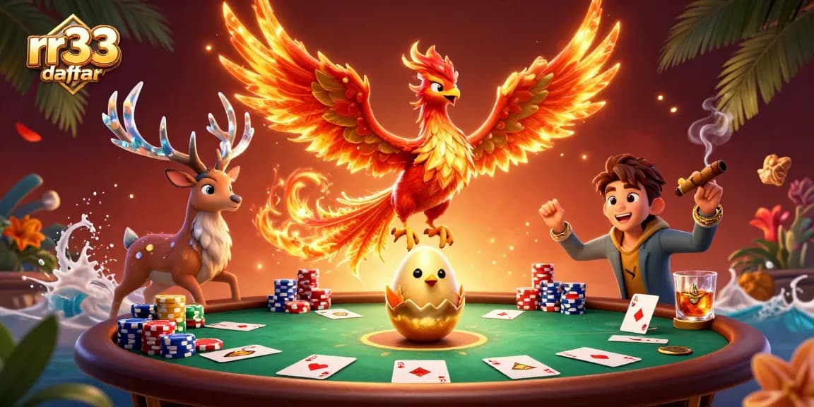 Engaging rr33 daftar illustration showing a phoenix and dynamic casino elements to attract players.