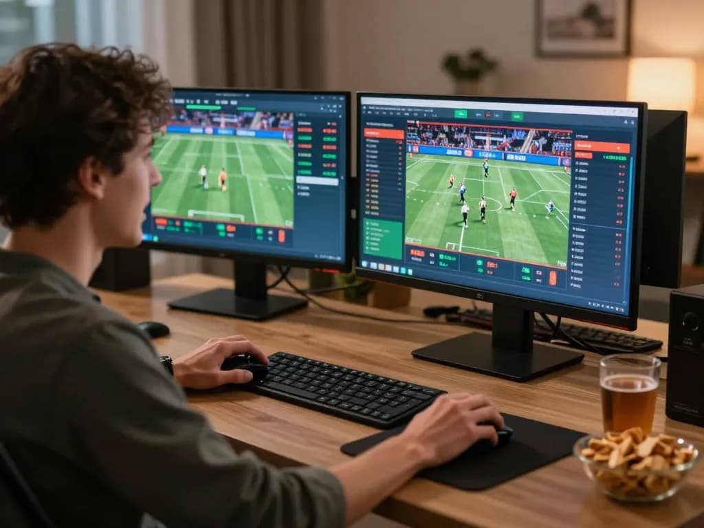 Engaged bettor using OKFUN for live sports betting with screens showing odds and events.