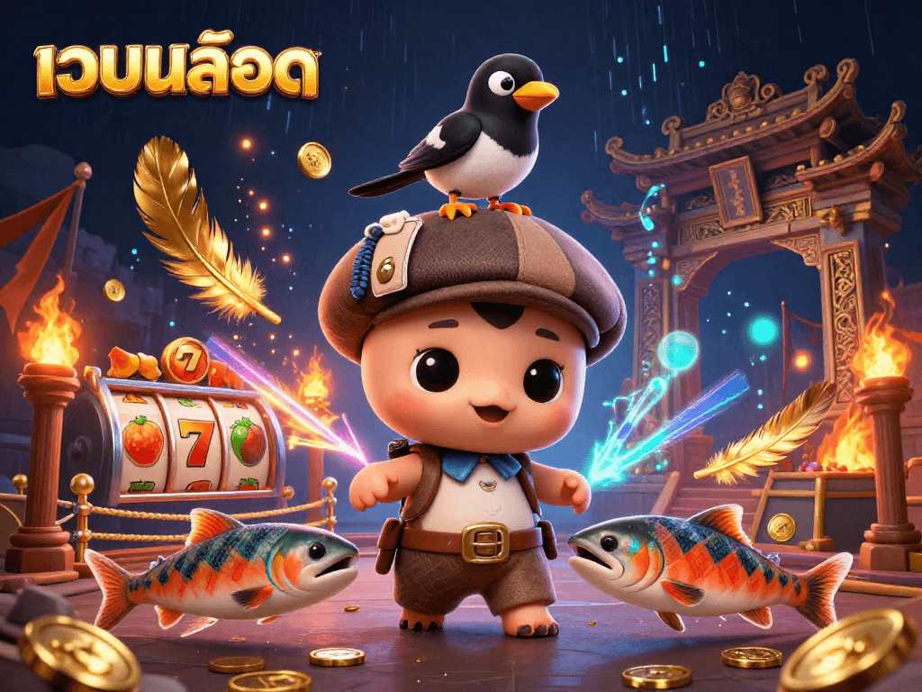 Experience เว็บสล็อต with a playful Nessie and golden magpie in a lively, dynamic casino scene.