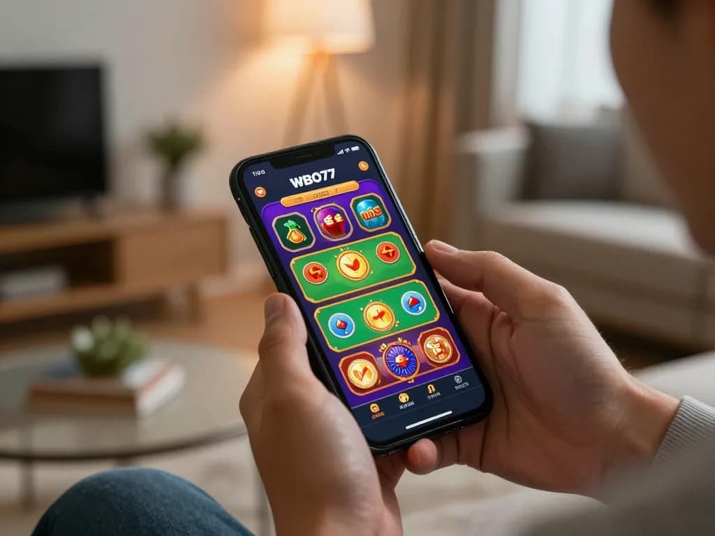 Pengalaman bermain game mobile yang menarik dengan aplikasi WBO77, menampilkan permainan kasino yang cerah di smartphone, kegembiraan di rumah yang nyaman.