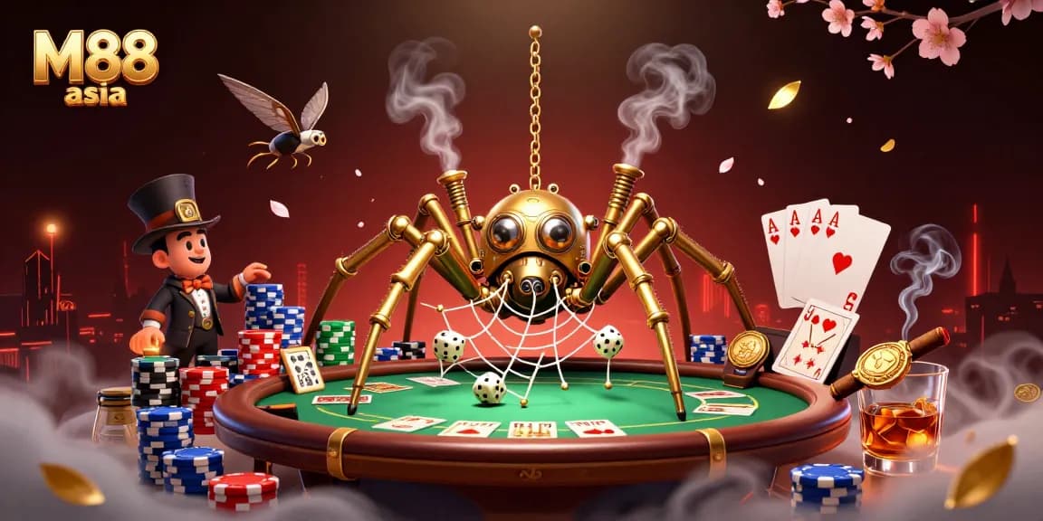 Capture wins at M88 asia with a steampunk-themed illustration of a golden spider webbing poker chips and dice.