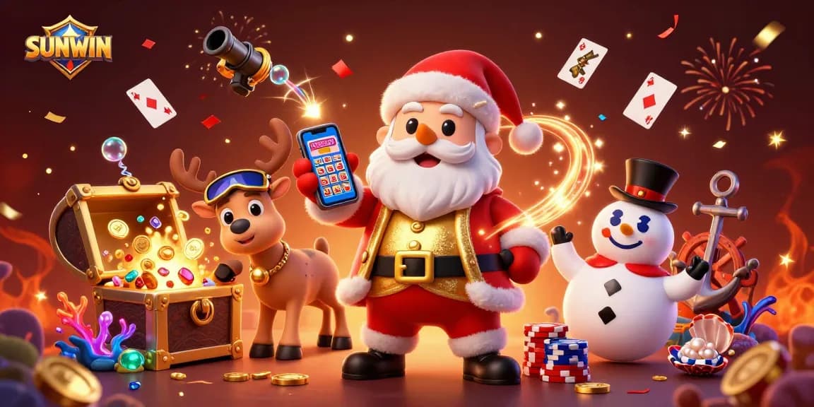 SUNWIN brings excitement with Santa and friends celebrating a jackpot in a vibrant casino.