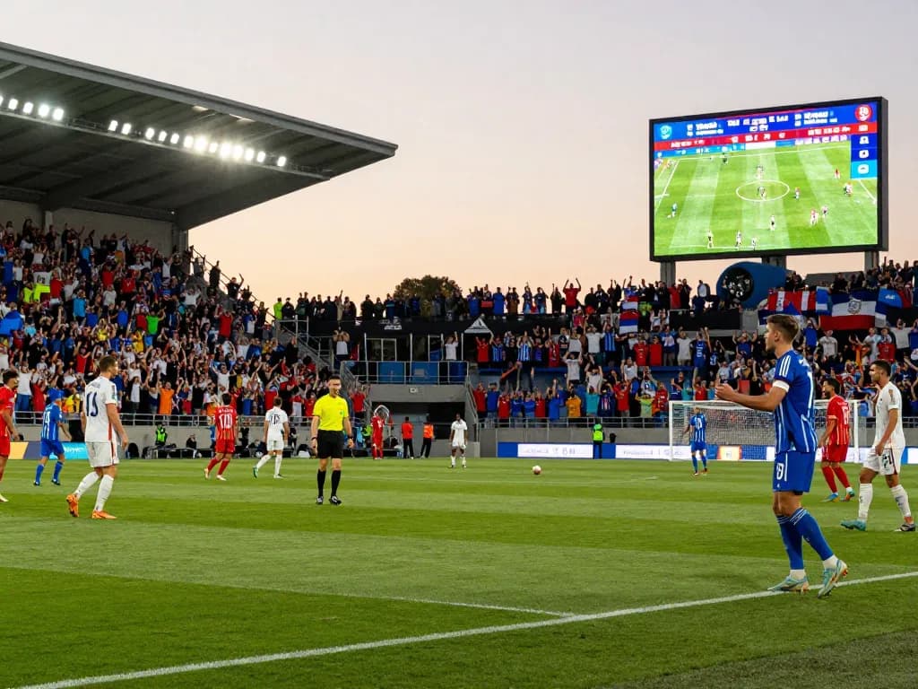 Now Goal live soccer score scene with fans celebrating a thrilling game in the stadium.