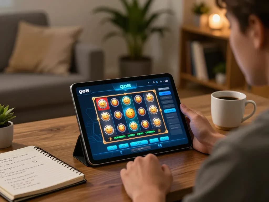 Engaging online gaming experience with go8 app on tablet in cozy living room setting.