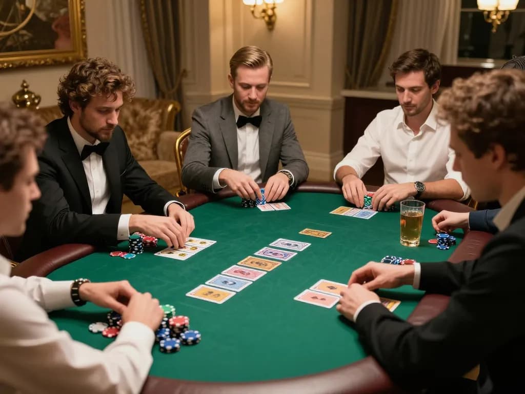 Players strategizing during a poker game at 789bet, showcasing intense concentration and high-stakes betting.