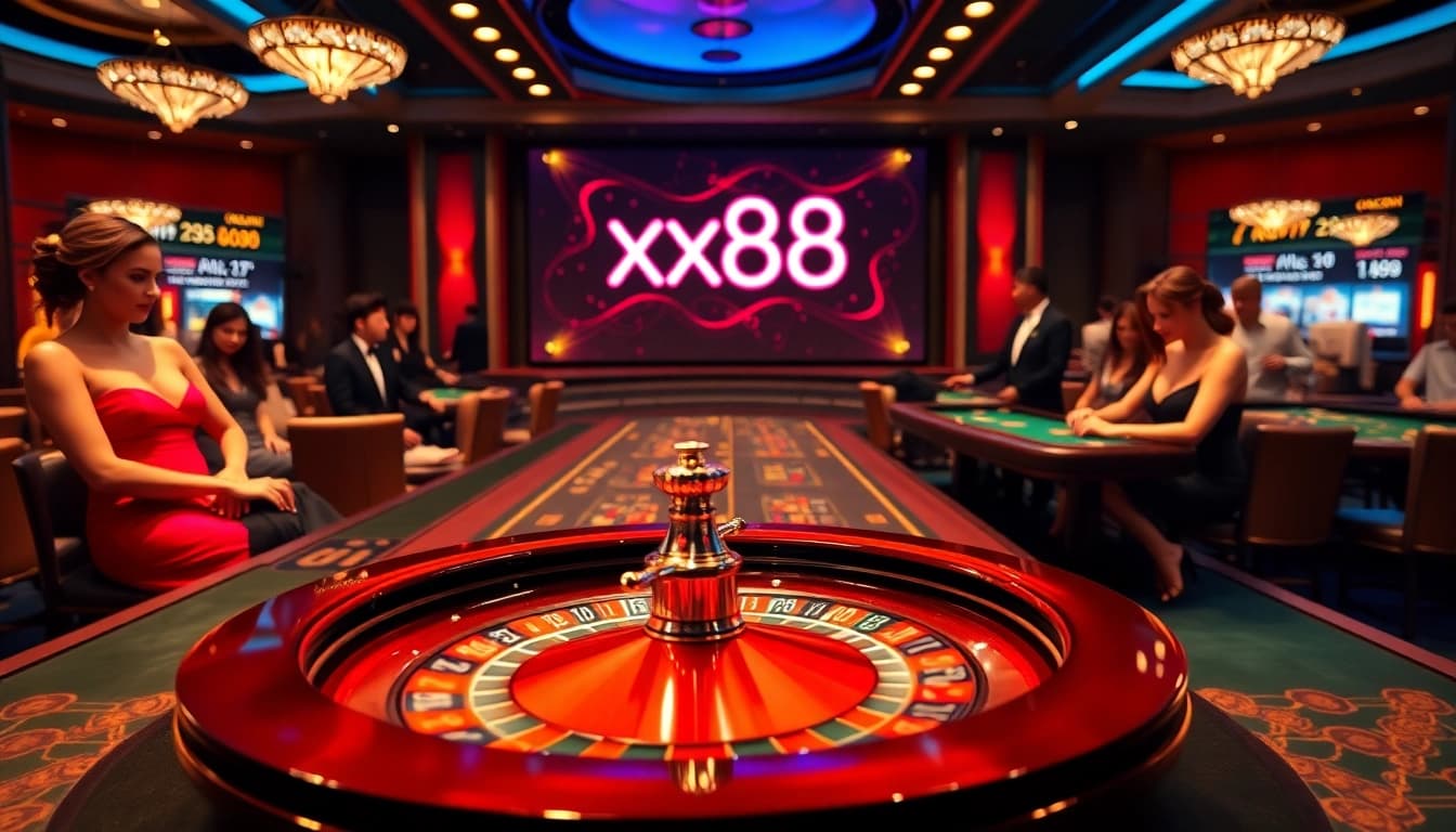 Players engaging at an elegant roulette table, showcasing gaming excitement and the xx88 logo.