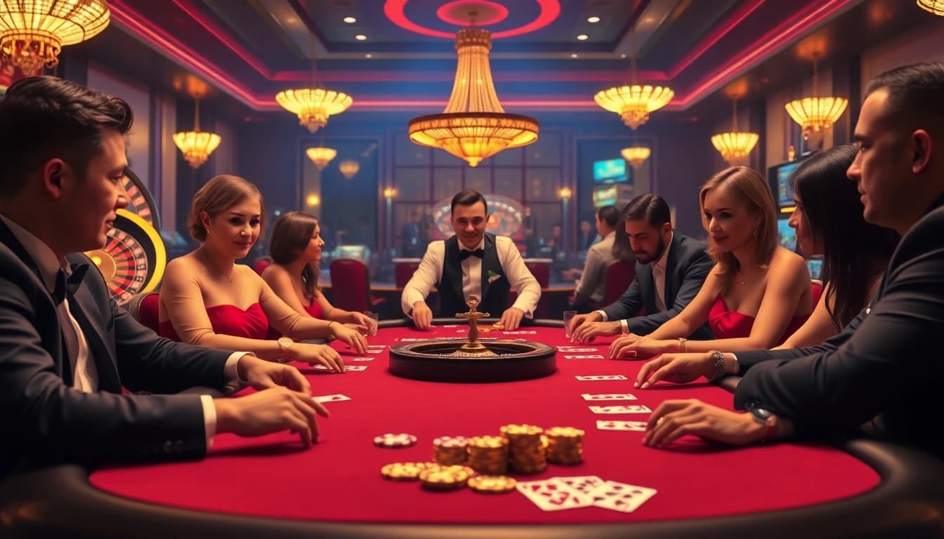 A thrilling poker game at B52 CLUB showcasing professional players and vibrant casino elements.