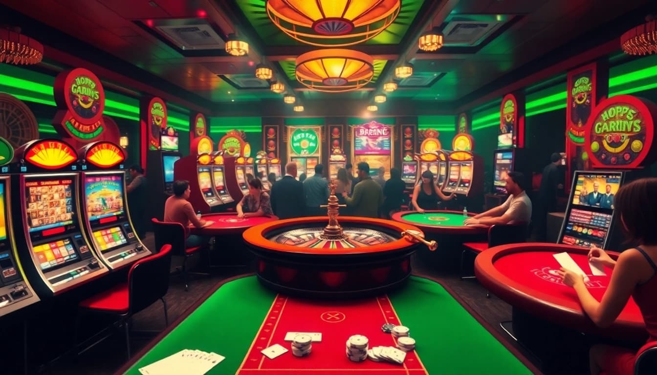 Engaging experience at bdtk66 my with slot machines, poker tables, and roulette, showcasing vibrant casino gameplay.
