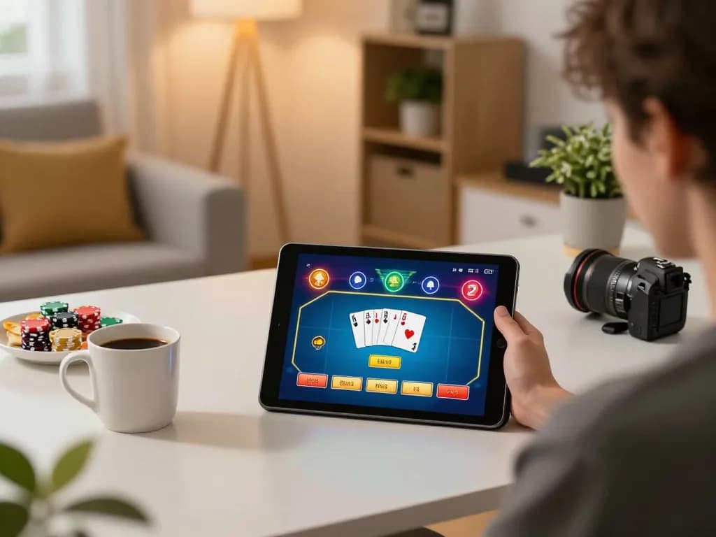Person using a tablet for sun win online poker gaming at home, showcasing a lively game interface.