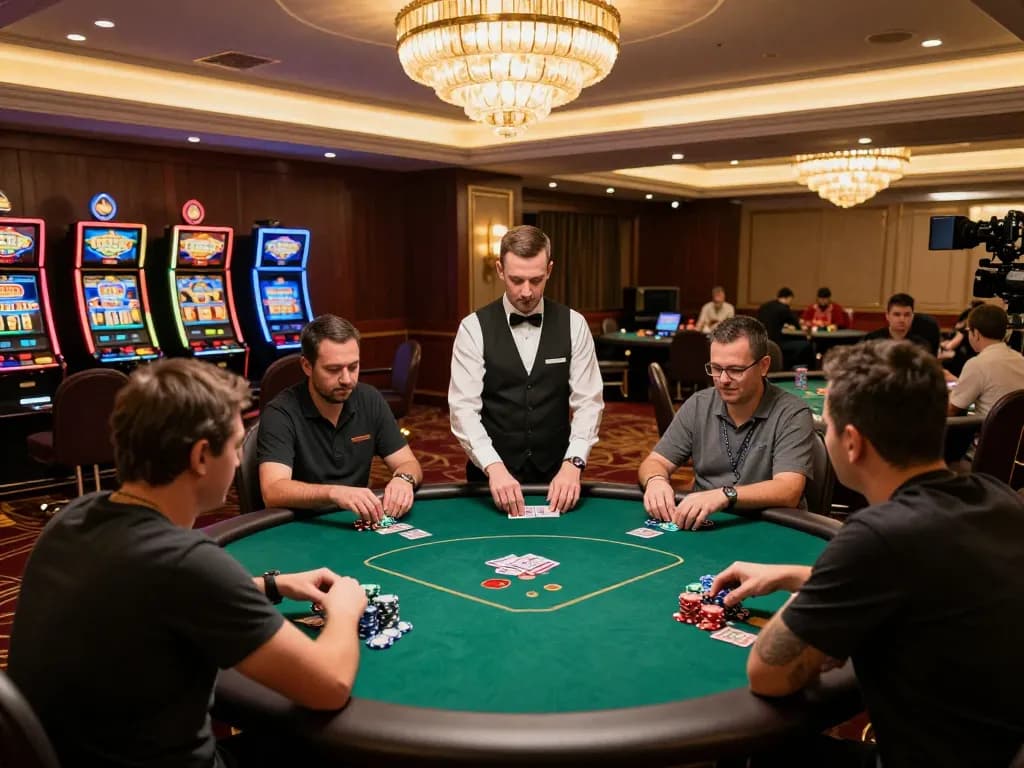 KP88 poker players engaged in gameplay at a luxurious casino table, showcasing strategic betting moments