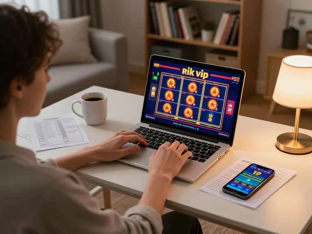 Player engaging with rik vip online casino on a laptop, showcasing vibrant game graphics and cozy atmosphere.