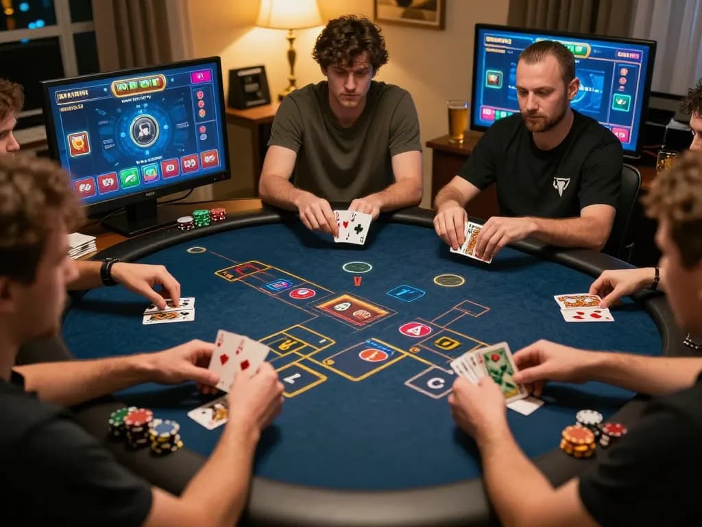 Players engaging in KÈO TRỰC TUYẾN poker game from home, vibrant betting screens displayed.