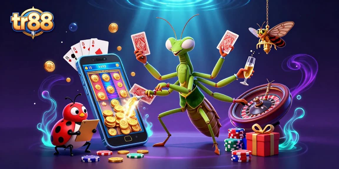 tr88 giant mantis card sharp dealing cards and chips in a vibrant casino scene.