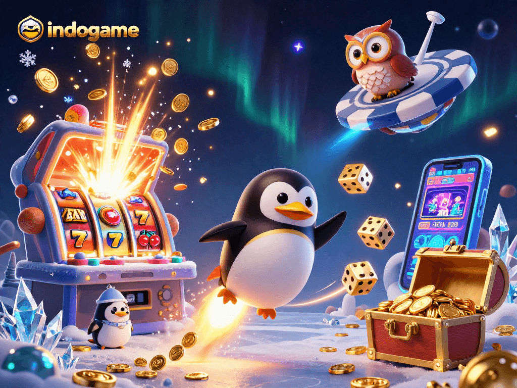 Play exciting games at indogame with a golden penguin flying to a vibrant casino in space.