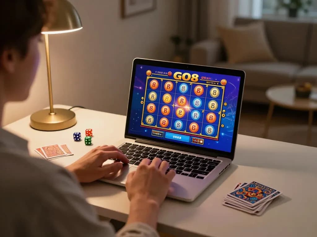 Engaging player enjoying GO8 online slots at home with colorful gaming accessories