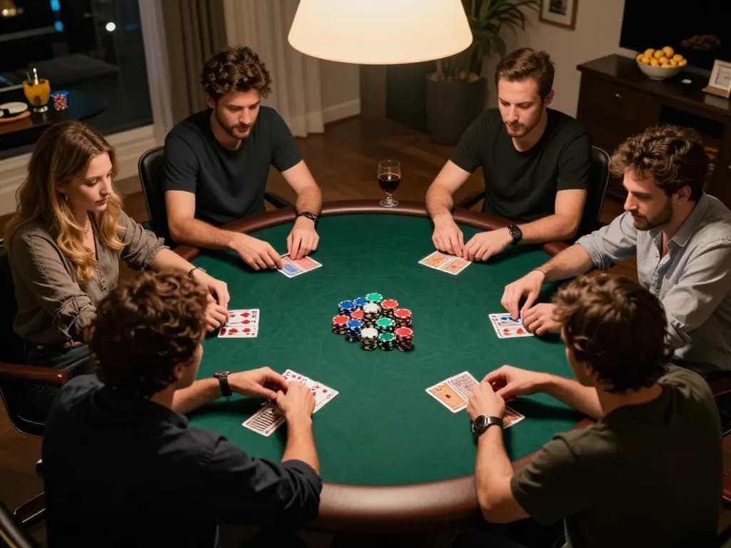 Players at a friendly poker night using RR88 strategy to win amidst lively competition