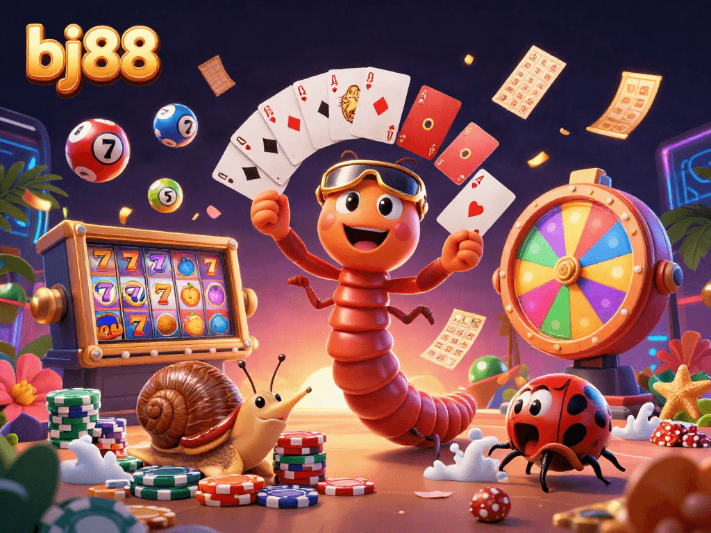 Join the fun at bj88 with a vibrant casino scene showcasing colorful slot reels and enthusiastic characters.