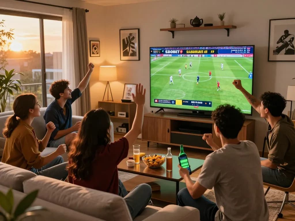 SBOBET sports betting scene with friends cheering for soccer match.