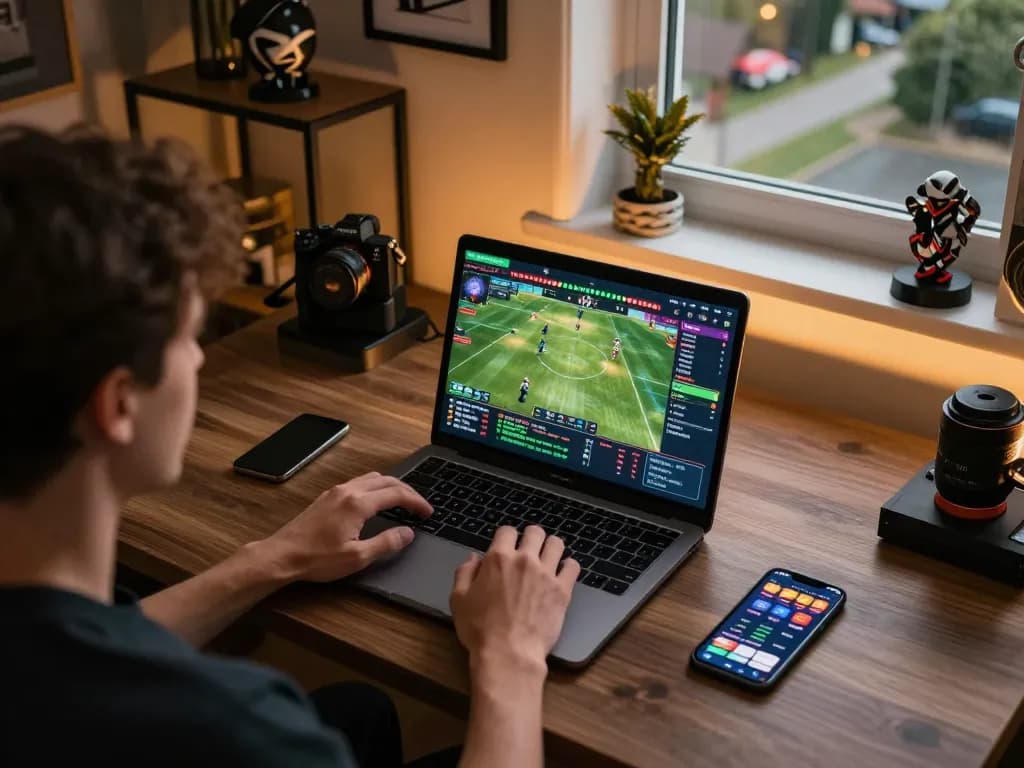 Engaged in sports betting using a laptop displaying uu88 bet for strategic gameplay planning