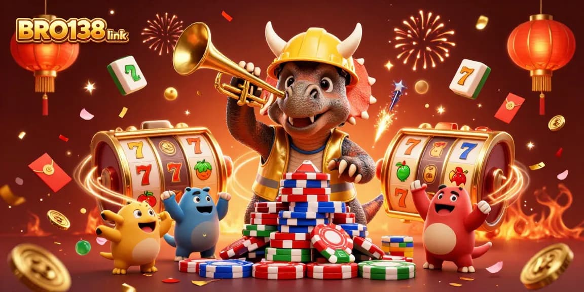 Engage with BRO138 link's vibrant casino scene filled with joyous characters, slot reels, and festive elements.