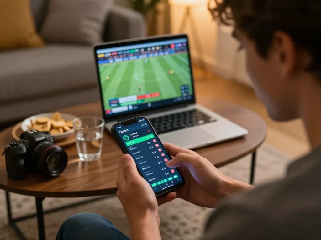 Person using smartphone for sports betting while enjoying a cozy evening at home with smartcityhostels themes.